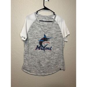 Miami Marlins 47 Brand Women's Baseball V-Neck T-Shirt White Gray XL